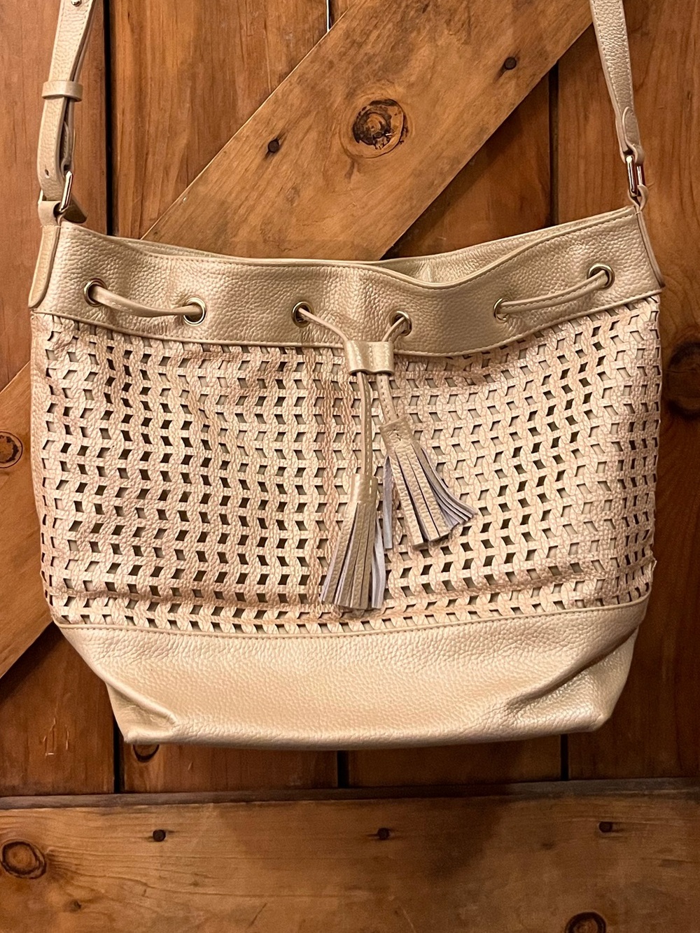 J.McLaughlin Woven Leather Bucket Bag Metallic Champagne Tassel